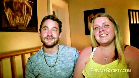 BBW blonde couple in yellow top and hoodie on bed, amateur anal creampie preview