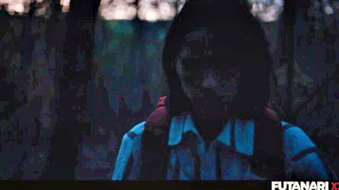 Hooded brunette with long hair stares eerily in dark forest, FutanariX tease