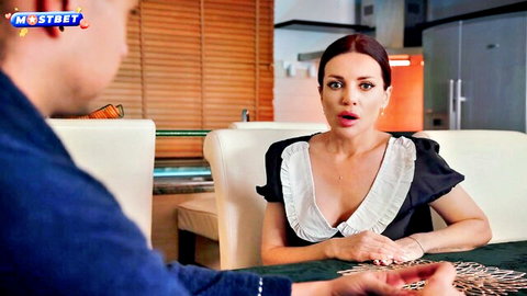 Luna Roulette as shocked MILF maid in low-cut uniform facing demanding master