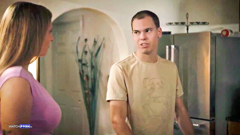 Annie King in low-cut pink dress with man in kitchen tease - My Dream Woman