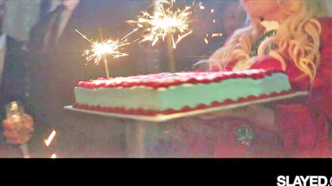 Kayden Kross and Emily Willis celebrate with sparkler cake in Vixen lesbian scene