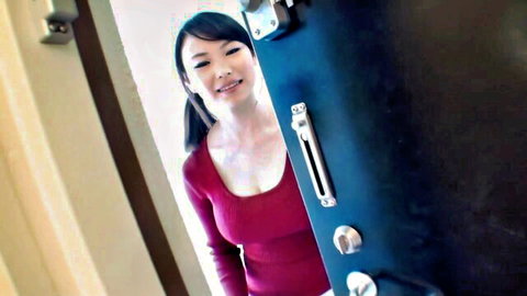 Akane Yoshinaga peeking from door in tight red sweater, big tits JAV maid tease