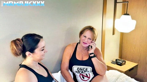 Lana Lee & Samantha Extreme in bed on phone call, teasing BBW milf duo