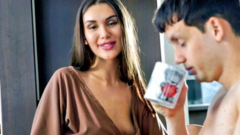 Sharon White in seductive cleavage reveal with lover and coffee mug