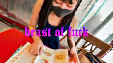 Japanese amateur girl in black dress and mask viewing menu, seductive POV