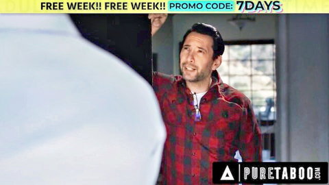 Smiling plaid shirt man greets white shirt guy at door in PureTaboo taboo promo