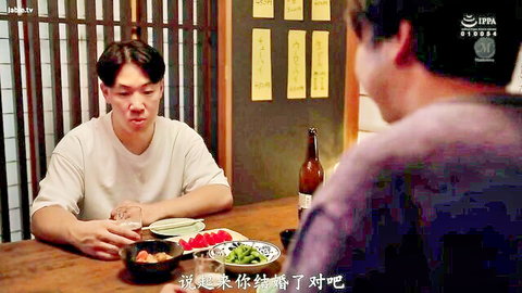 Two handsome Asian men sitting at a wooden table eating Japanese food and drinking beer