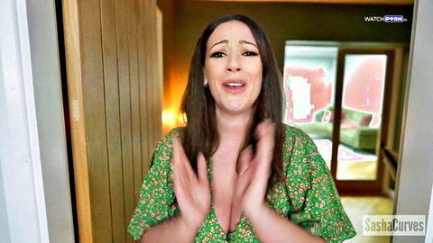 SashaCurves as gullible mom in green floral dress, surprised cleavage view