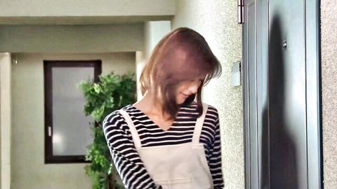 Shy Asian woman in striped top and beige overalls, JAV thumbnail