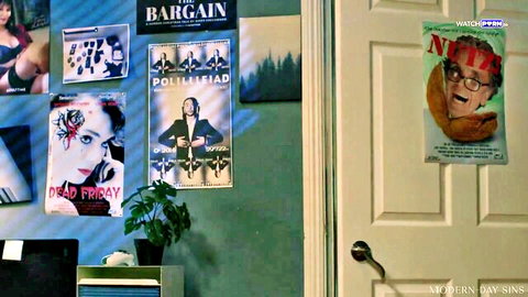 Cory Chase and Leana Lovings in seductive poster-filled room, ModernDaySins welcome