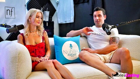 Lexi Lore interviews Emma Rosie on Nubiles Casting podcast, blonde in red top