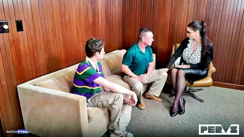 Miss Raquel in kinky therapist session with stepson and stepdad