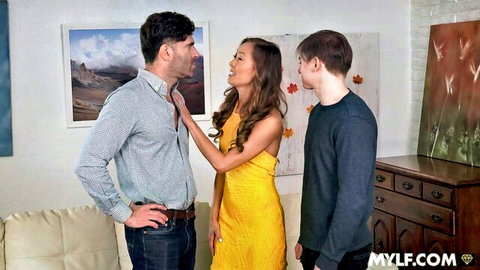 Asian stepmom in yellow dress teases husband and stepson for DP threesome