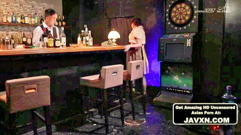 Sexy Asian office slut in elegant dress at bar with bartender in JAV