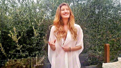 Luxymin, 31yo French blonde in sheer open robe showing cleavage outdoors