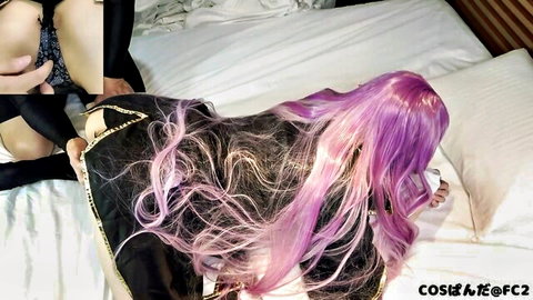 Purple-haired Asian woman in black lingerie, ass up doggy pose