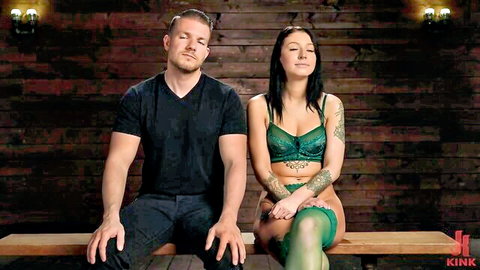 Raven Lane in green lingerie submits to muscular man in BDSM scene