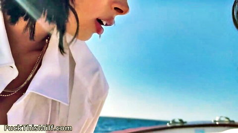 Brunette with cum dripping from open lips after boat blowjob, big tits in white shirt