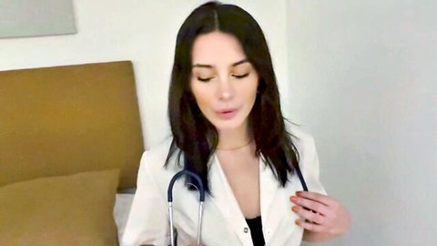 Almendragala as seductive nurse in white blouse, stethoscope and cleavage tease