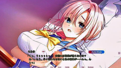 Pink-haired anime schoolgirl squeezes her massive bare tits with surprised expression in open sailor uniform