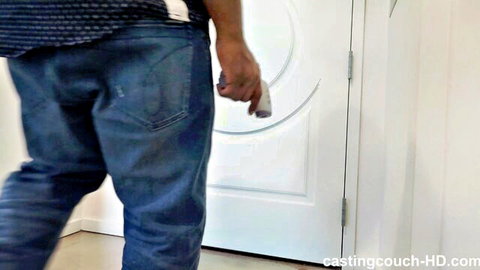 Macey walking towards door in tight ripped jeans on Casting Couch HD