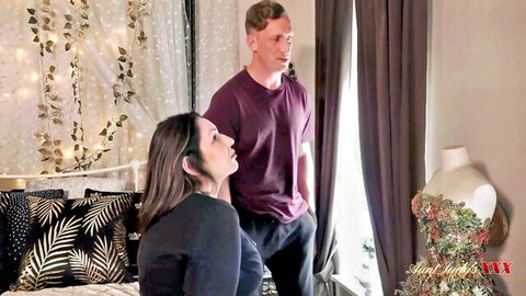Busty Josephine James gazing up at stud in bedroom tease