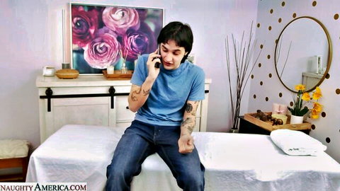 Tattooed guy on phone in massage room with MILF Jewell Marceau