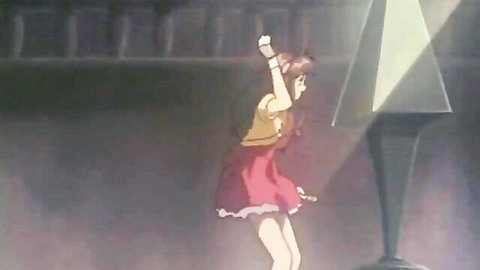 Anime futa pop idol with brown hair posing in yellow top and red skirt