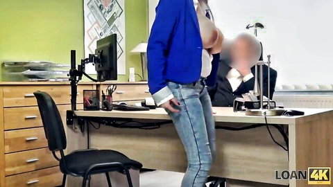 Huge-titted poor lady in blue blazer seducing loan agent in office