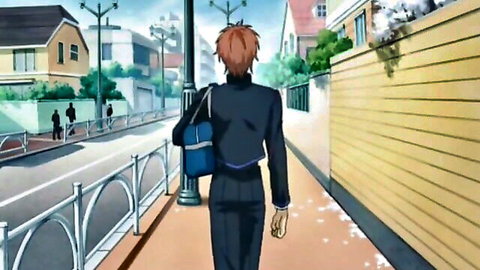Anime gay student in black school uniform walks outdoors, red hair, Papa to Kiss in the Dark 2