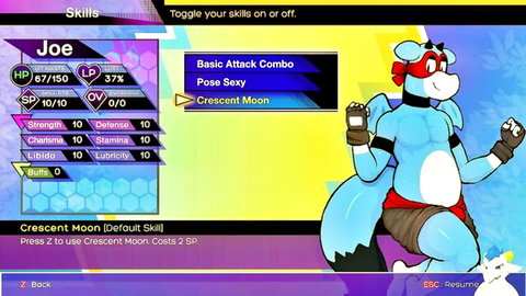 Muscular blue anthropomorphic fox Joe sexy pose in Naughty Brutes game menu