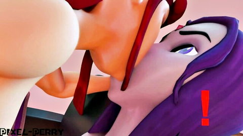 Animated Raven and Starfire kissing with large breasts exposed in futa tease