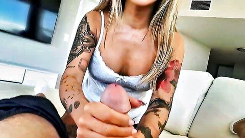 Linda Lan tiny tattooed Asian blonde in lacy top giving handjob cumshot