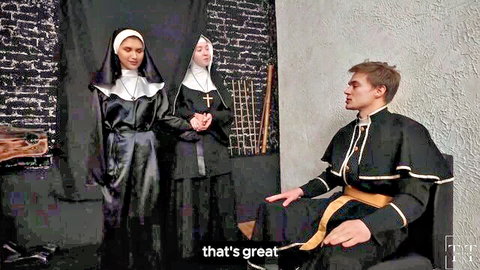 Two sexy nuns in black habits confessing to handsome priest in fetish roleplay
