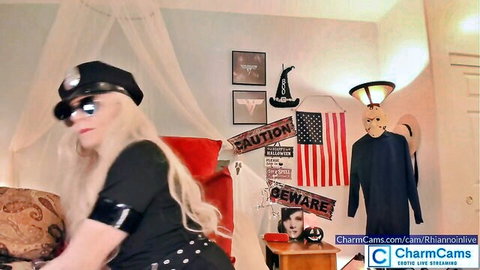 Rhiannonlive in sexy police hat and leather outfit on live cam