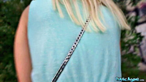 Blonde Lily Joy in blue top with chain purse, public pickup POV tease