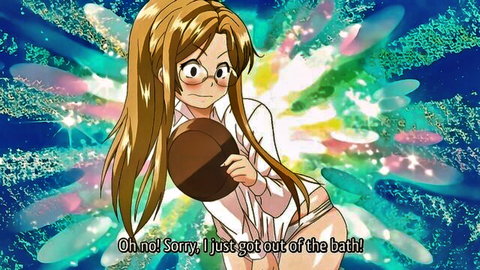 Anime MILF with glasses fresh from bath, wet white shirt and panties, surprised