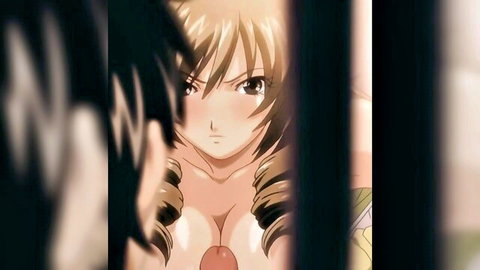Blonde anime girl with exposed perky tits in intense close-up