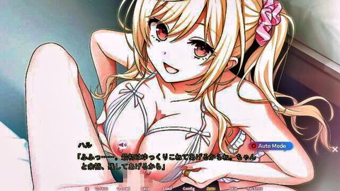 Akatsuka Haru blonde anime girl in white lingerie smiling on bed