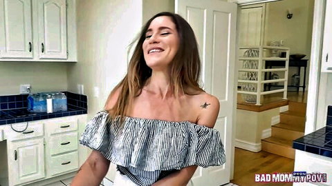 Aderes Quin as bad stepmommy smiling in off-shoulder top, POV tease