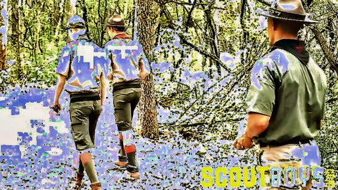 Scout leader in uniform with two twinks hiking in woods, gay threesome tease