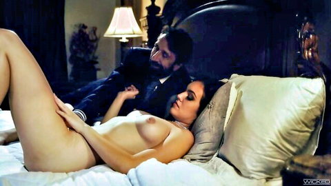 Freya Parker blindfolded and nude surprised by suited lover in bed