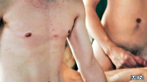 Joey Mills spit-roasted by Jake Preston and Finn August in gay threesome