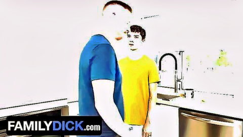 Stepdad embracing stepson intimately in kitchen appreciation scene