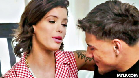 Stepmom in red checkered blouse seduces stepson intimately in bed