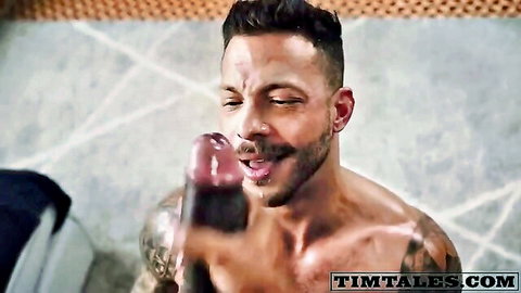 Hugo Exxtreme deepthroats John Brachalli's massive black cock in gay interracial blowjob