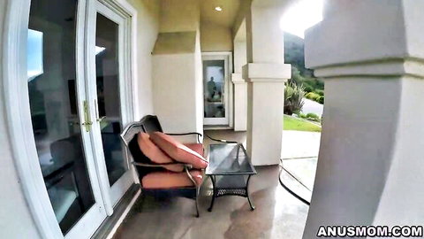 Blonde MILF Sidra topless on patio, Brad offers dick instead of plug