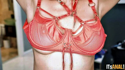 Elise London in red mesh harness bra, topless tease for anal