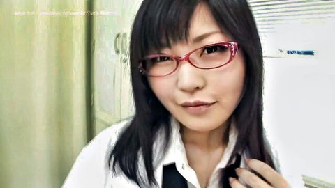 Asian woman with red glasses and black hair in white shirt - Tokyo Hot JAV