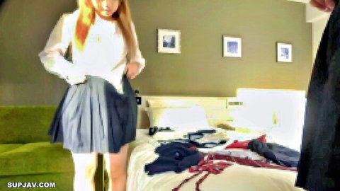 Japanese redhead schoolgirl in uniform teased by fat guy's hand